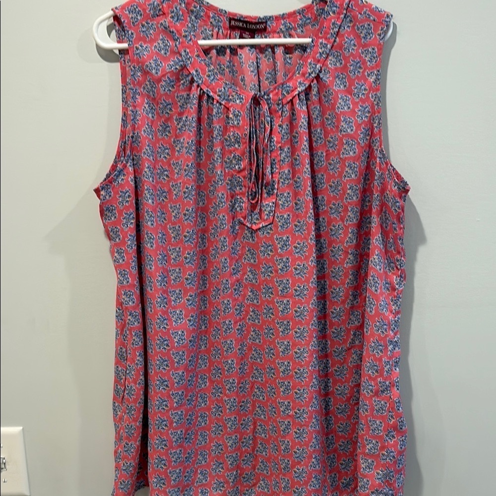 Jessica London Sleeveless Pink and Blue Blouse with Bib Collar